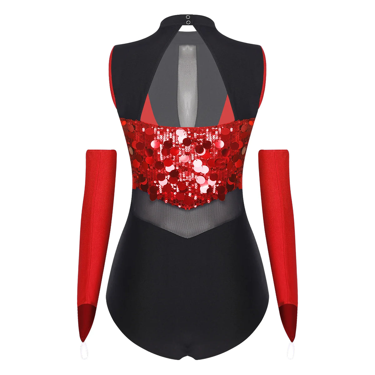 Women's Sequin Dance Leotard | Mock Neck & Sheer Mesh Waist | Includes Arm Sleeves
