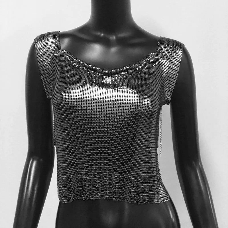 Sequin Backless Crop Top - Diamond Metal Party Tank