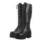 Black Platform Knee-High Lace-Up Boots with Chain — Extended Sizing US 5–15