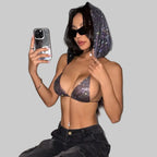Rhinestone Mesh Hooded Crop Top - Deep V-Neck Backless