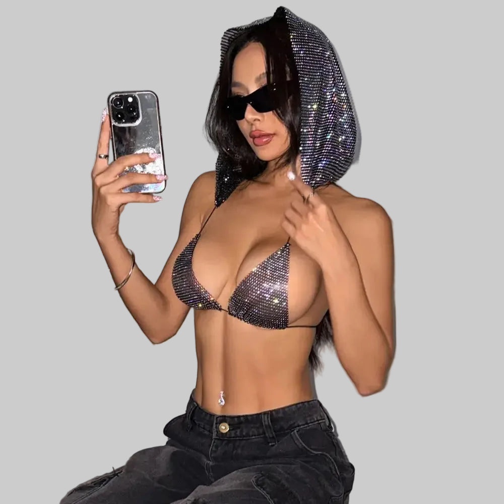 Rhinestone Mesh Hooded Crop Top - Deep V-Neck Backless