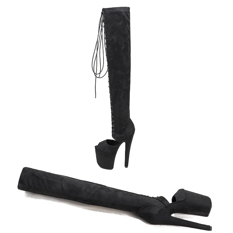 20cm Black Suede Over-Knee Boots - Open Toe Platform Dance Boots