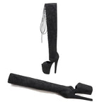 20cm Black Suede Over-Knee Boots - Open Toe Platform Dance Boots