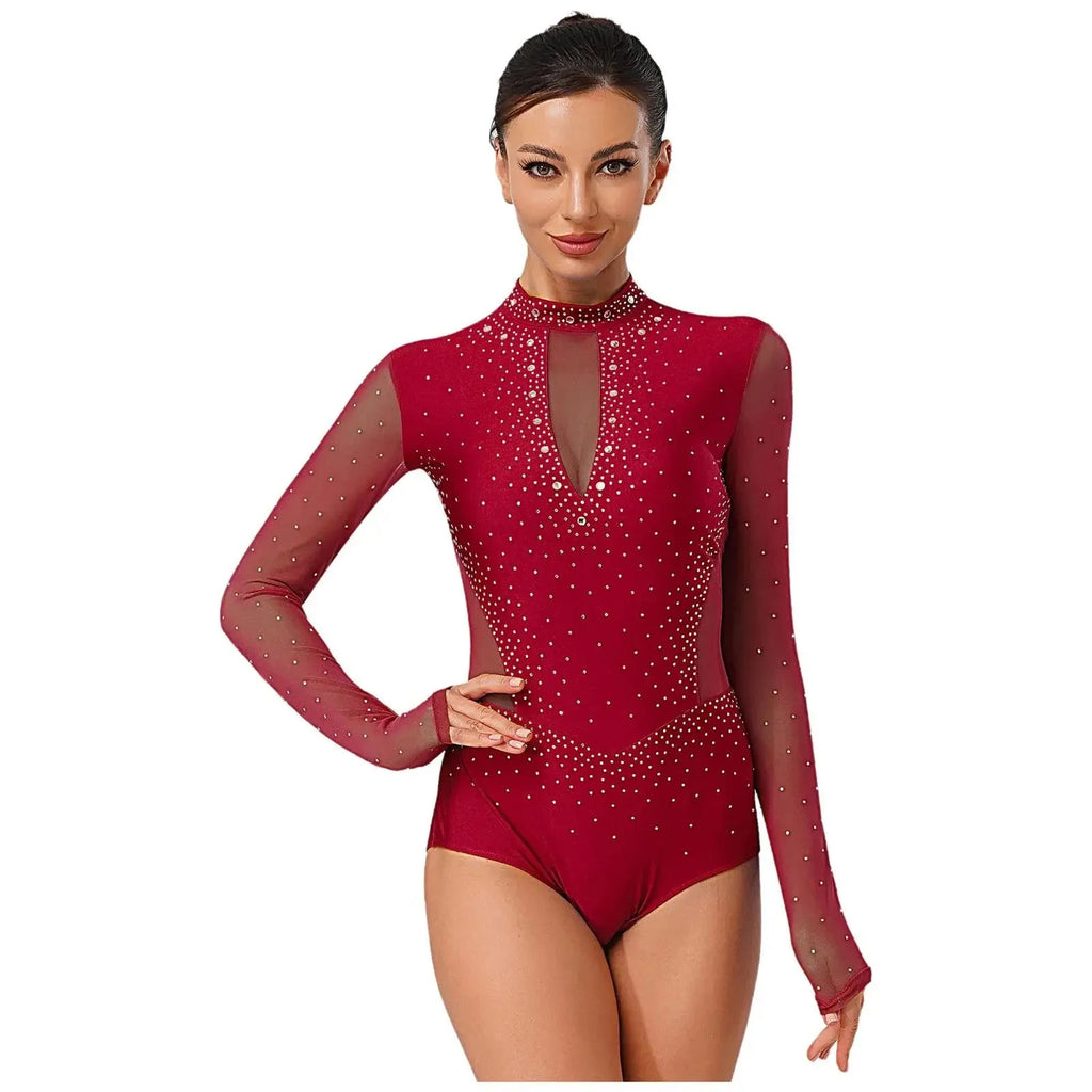 Rhinestone Mesh Long Sleeve Leotard | Open Back | Mock Neck | Figure Skating Ballet
