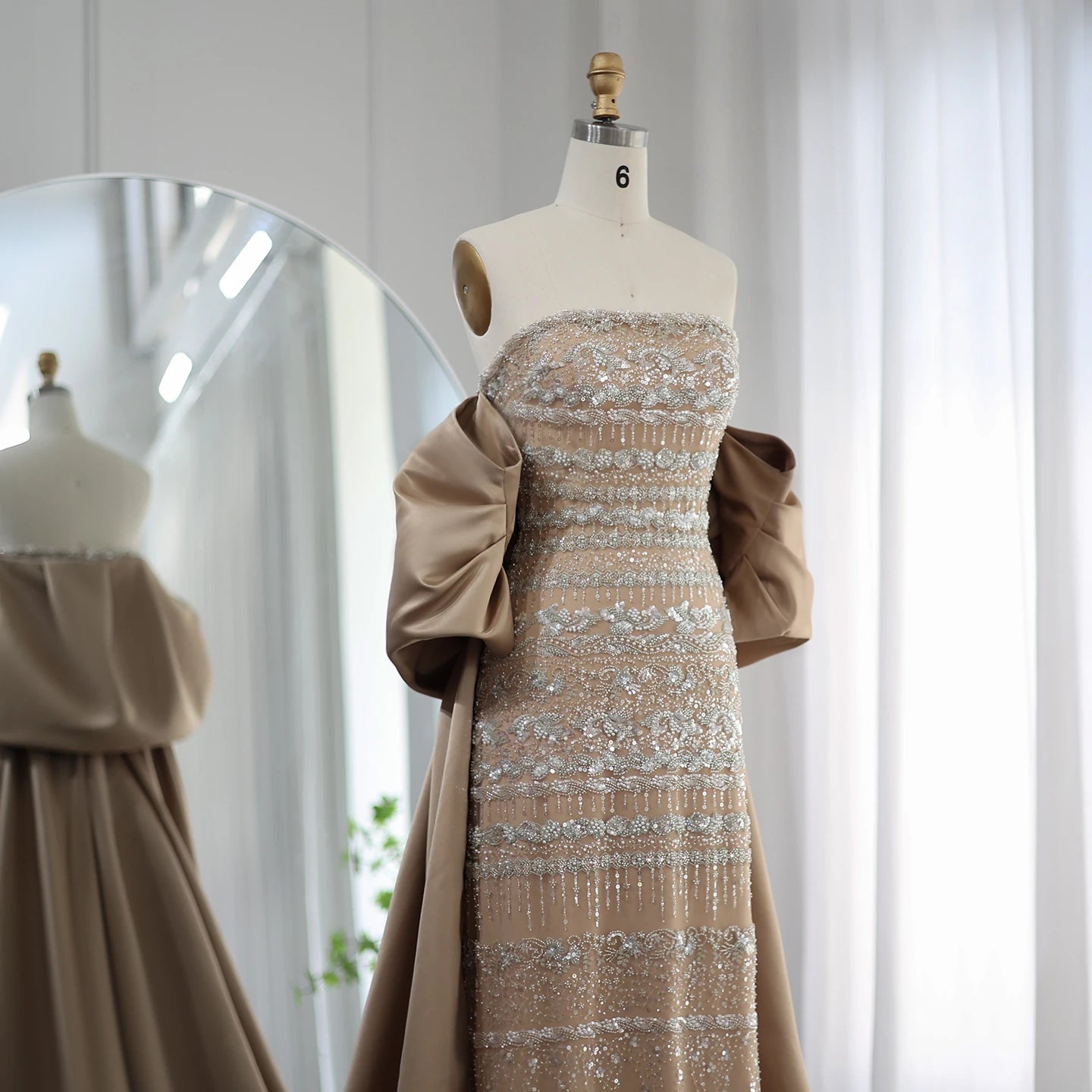 Sage Green & Champagne Beaded Mermaid Pageant Gown | Cape | Short Sleeve