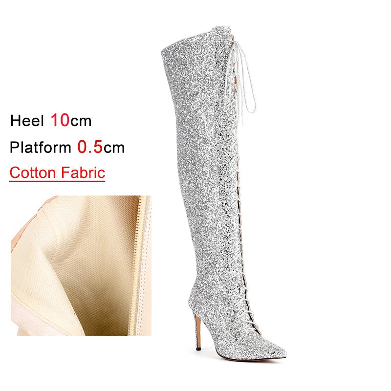 Sequin Over-the-Knee Boots | Lace-Up | 10cm Heel