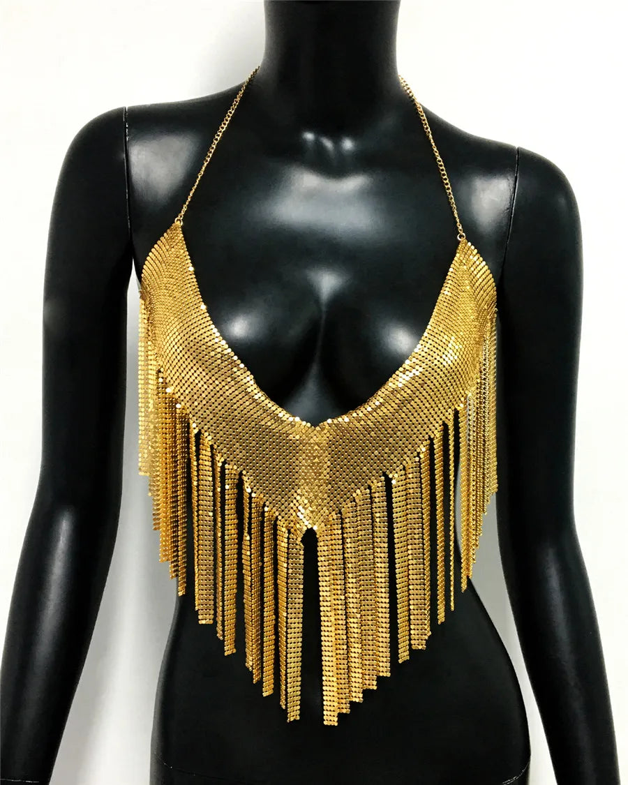 Metal Sequin Tassel Halter Crop Top - Backless Chain V-Neck Party Top