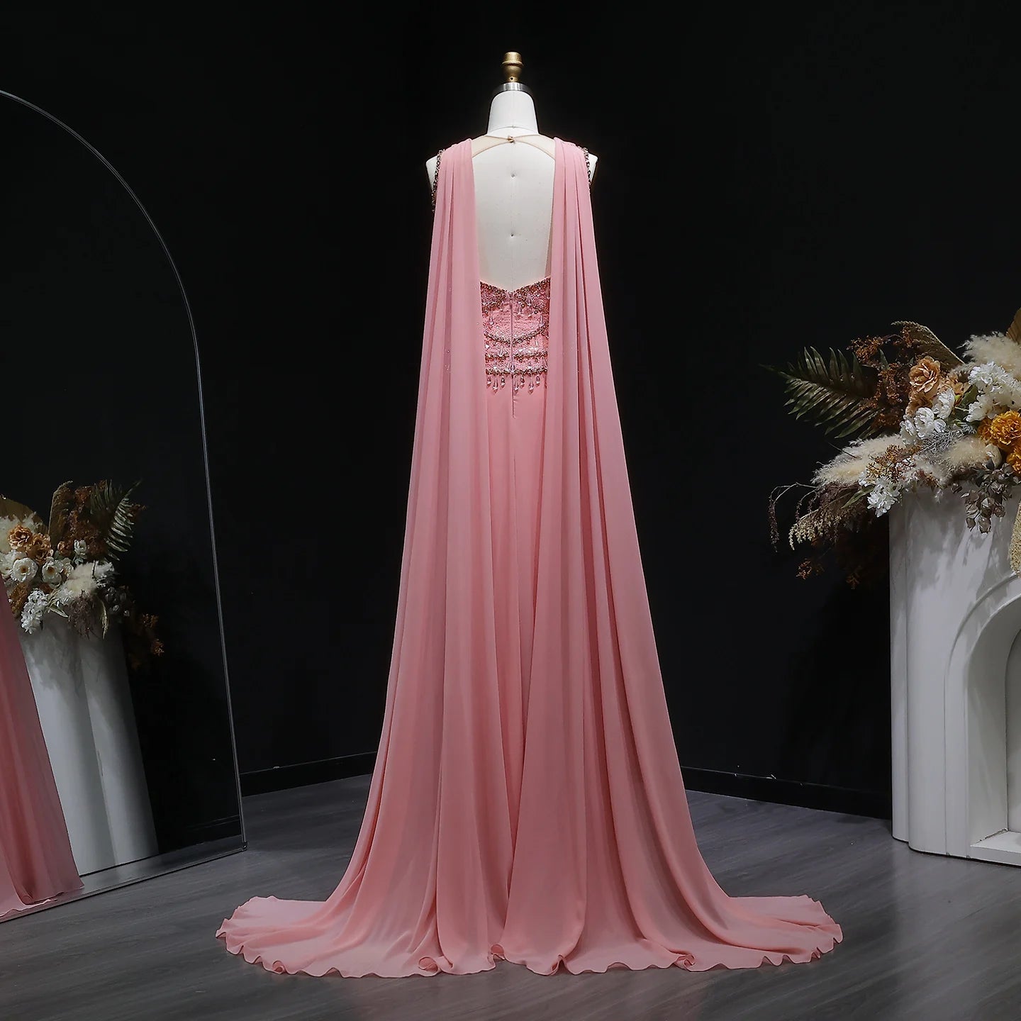 Crystal Beaded Cape Gown | A-Line | Floor-Length