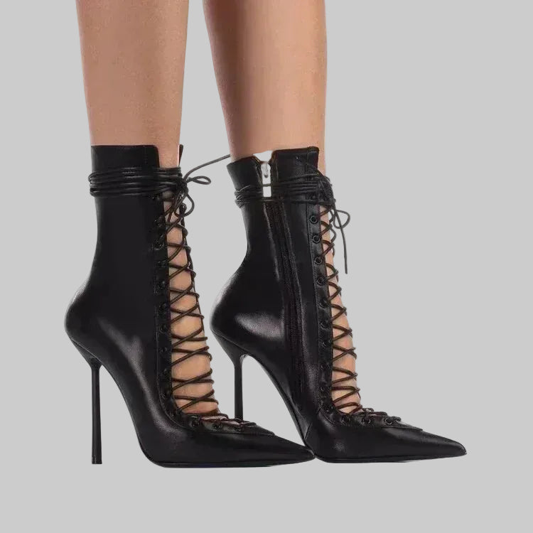 Mesh Lace-Up Knee-High Boots - Pointed Toe Stiletto Heels for Stage & Performance