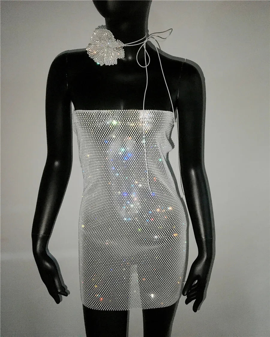 Rhinestone Strapless Mini Dress with Flower Choker - Sheer Party Dress