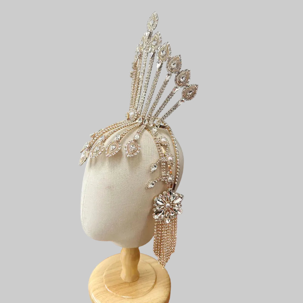 Double-Sided Crystal Tassel Headpiece - Rhinestone Hairband for Drag & Stage Performance