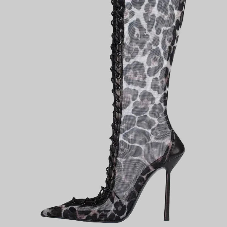 Mesh Lace-Up Knee-High Boots - Pointed Toe Stiletto Heels for Stage & Performance