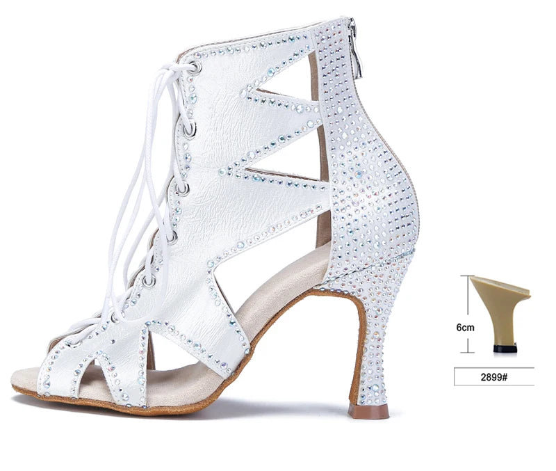 Rhinestone Lace-Up Latin Dance Booties | Black, Red, White & Nude | 6–9cm Heel