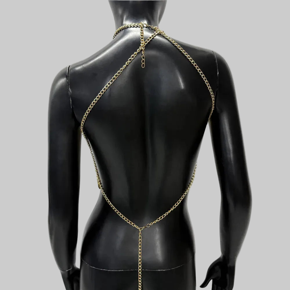 Metal Chain Tassel Halter Crop Top - Sheer Backless Camisole