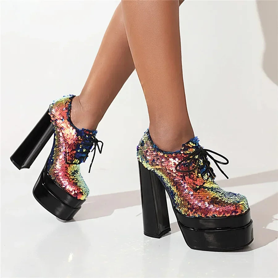 Platform Derby Heels | Sequin Sparkle | 14.5cm