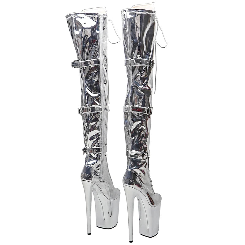 Silver Platform Pole Dance Boots – High Heel Lace-Up Stage Shoes