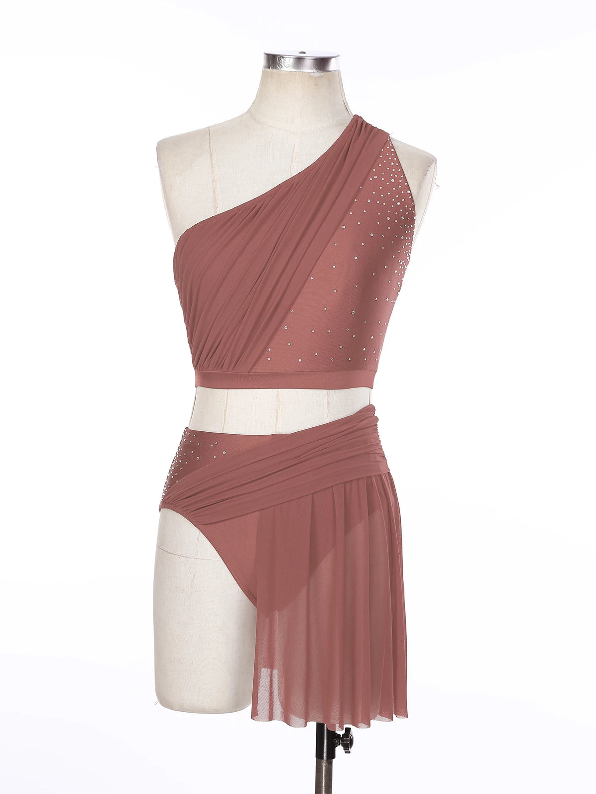 One Shoulder Rhinestone Dance Set | Crop Top & Skirted Brief