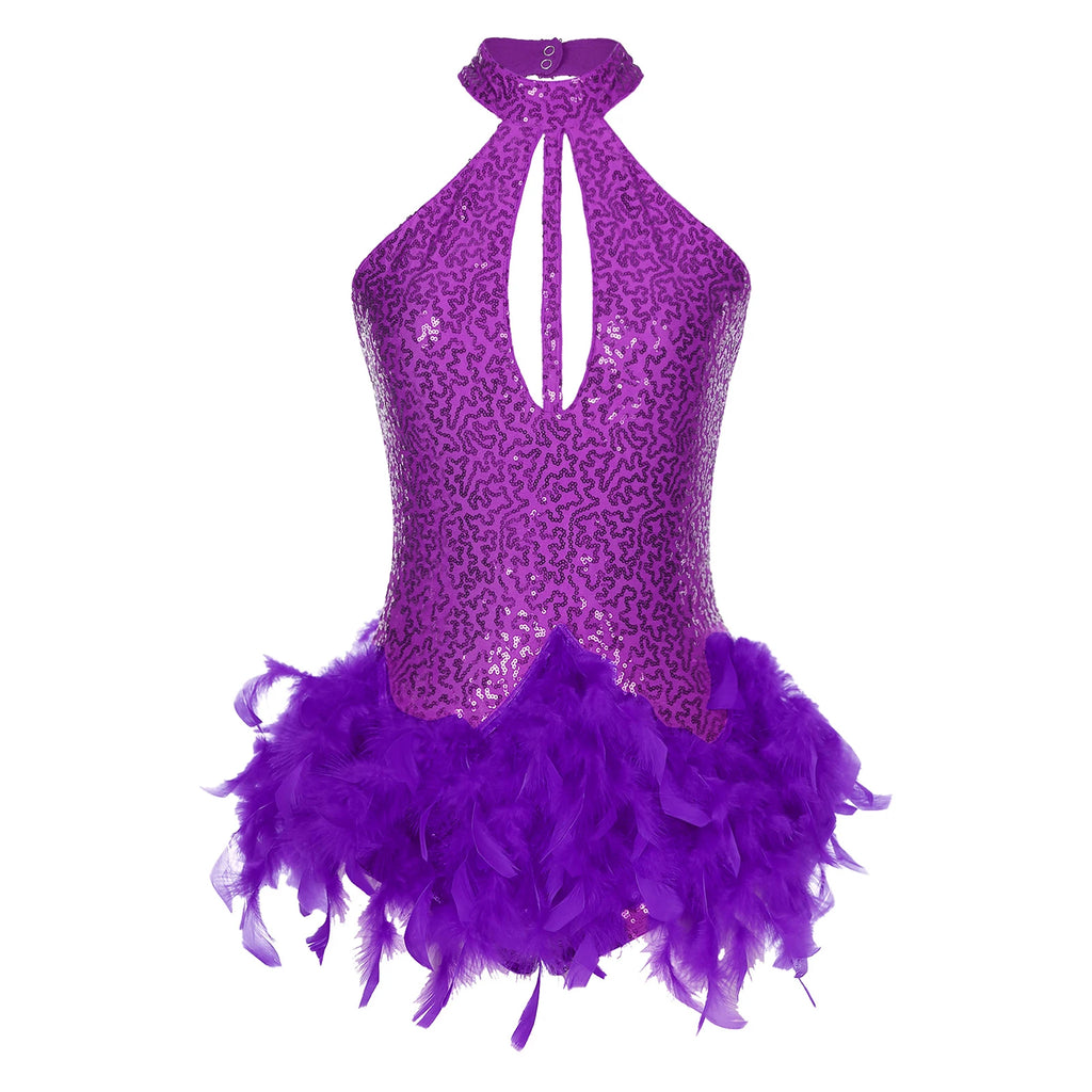 Starlight Sequin Feather Halter Dance Leotard