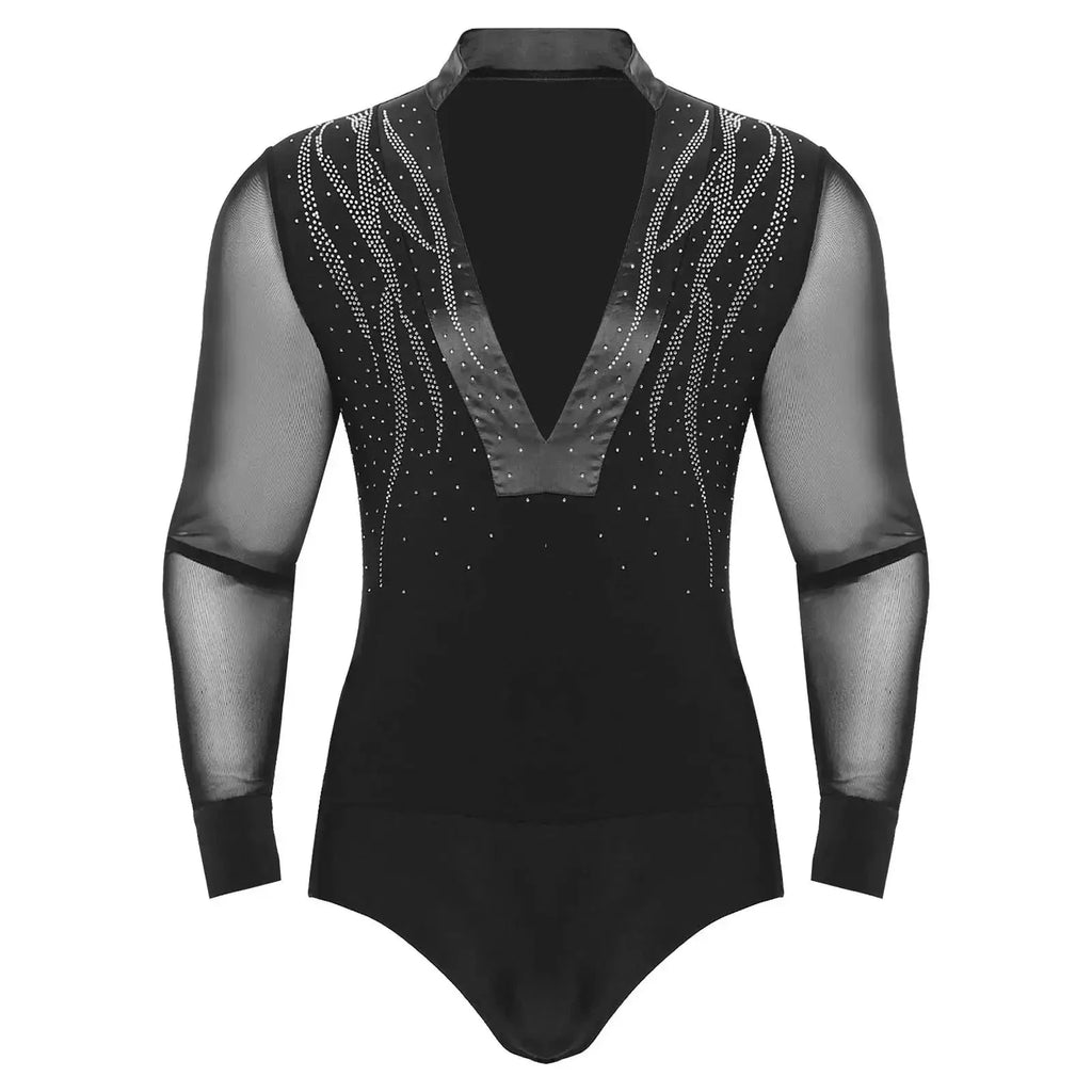 Men's Sheer Mesh Long Sleeve Bodysuit | Deep V Rhinestone | Latin Ballroom Dance