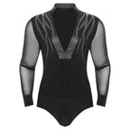 Men's Sheer Mesh Long Sleeve Bodysuit | Deep V Rhinestone | Latin Ballroom Dance