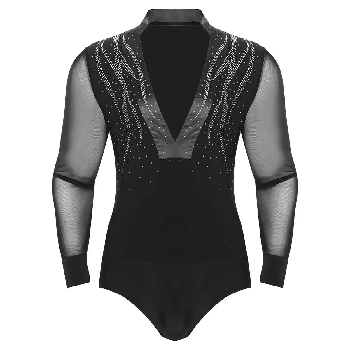 Men's Sheer Mesh Long Sleeve Bodysuit | Deep V Rhinestone | Latin Ballroom Dance