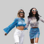 Rhinestone Fishnet Long Sleeve Crop Top - Sheer Mesh Party Top