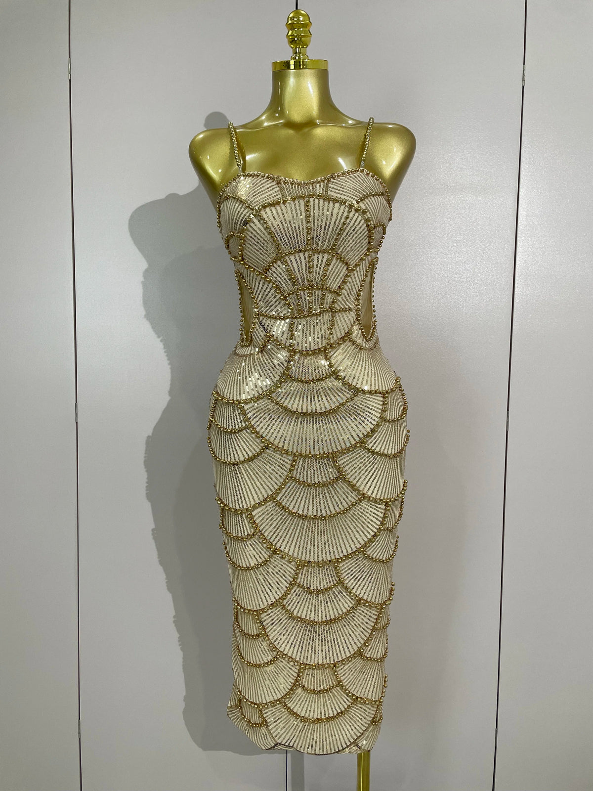 Pearl Beaded Sequin Bodycon Dress | Spaghetti Strap | Stage