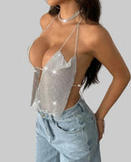 Metal Chain Rhinestone Halter Crop Top - Backless Deep V Tank
