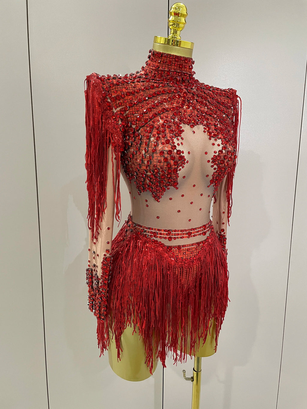 Rhinestone Bodysuit | Red Sequin Fringe