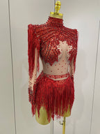 Rhinestone Bodysuit | Red Sequin Fringe