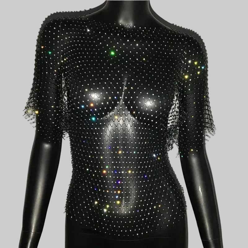Rhinestone Fishnet Mesh Top - Sheer Short Sleeve Tee