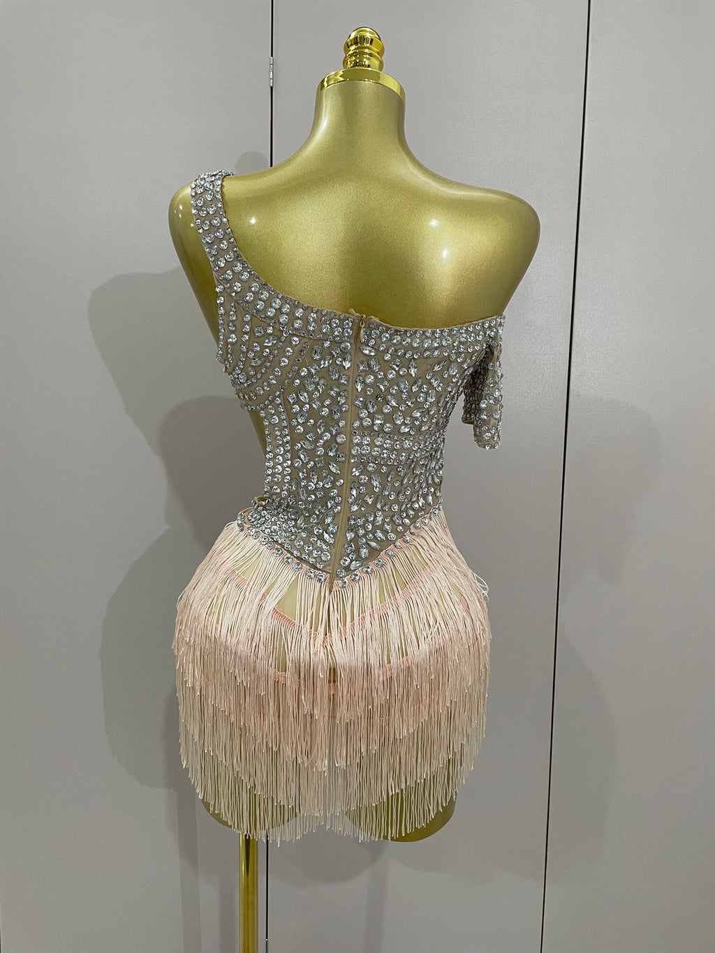Rhinestone Mesh Bodysuit & Tassel Skirt Set | With Gloves | S–XL