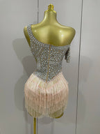 Rhinestone Mesh Bodysuit & Tassel Skirt Set | With Gloves | S–XL