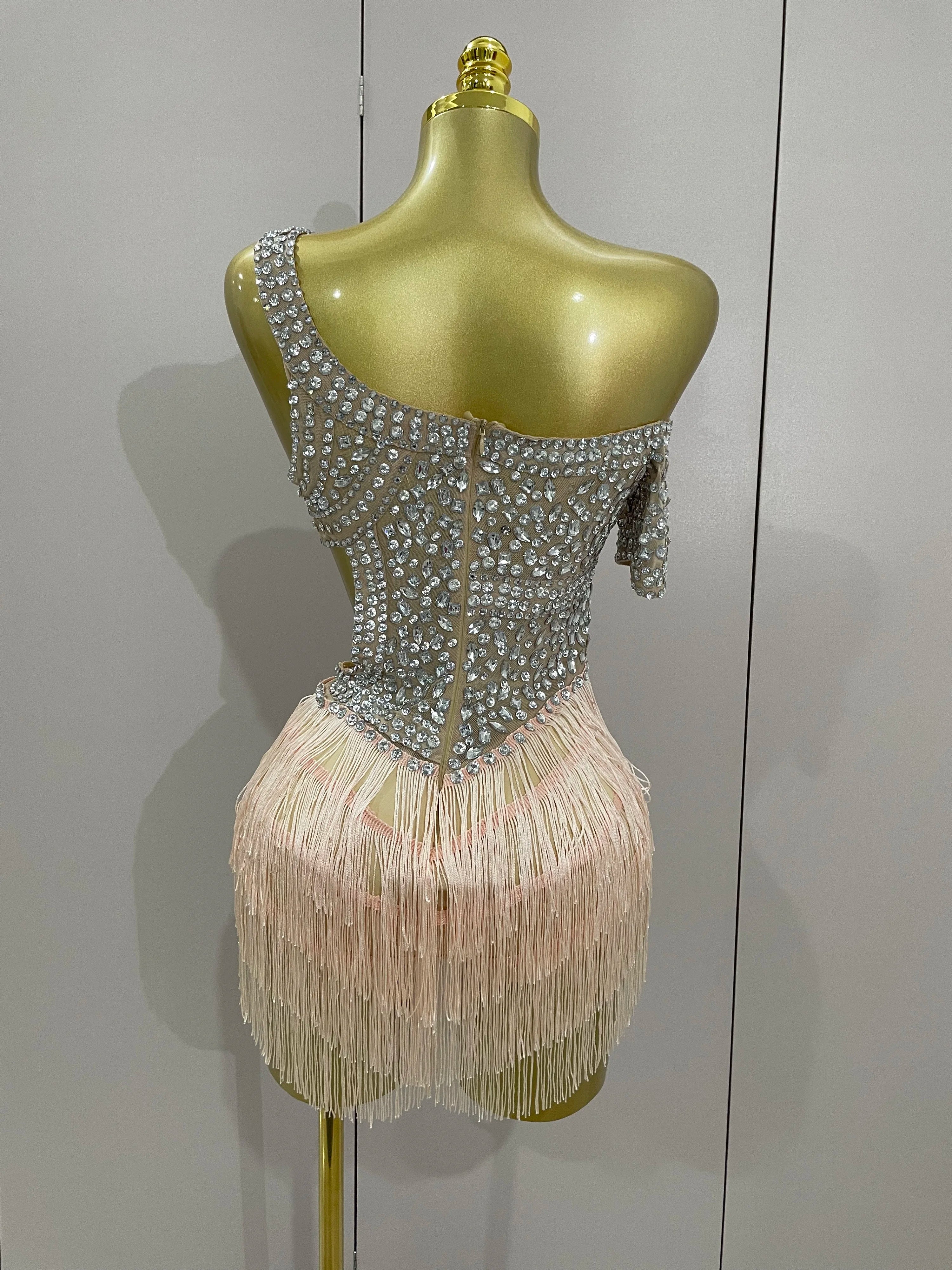 Rhinestone Mesh Bodysuit & Tassel Skirt Set | With Gloves | S–XL