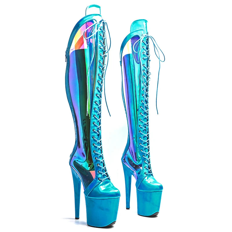 8-Inch Holographic Thigh-High Boots - Lace-Up Dance Boots