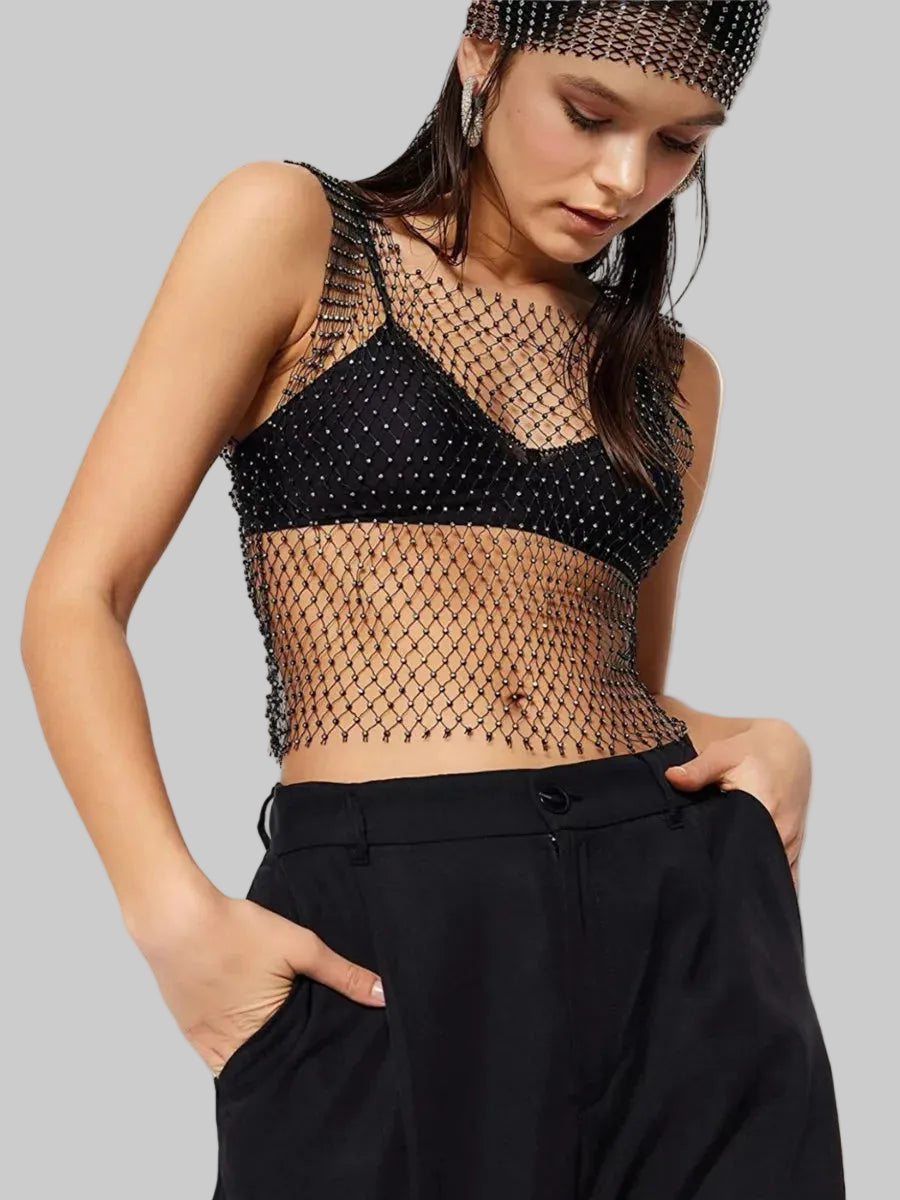 Glitter Rhinestone Fishnet Tank Top - Backless Square Neck Crop Top