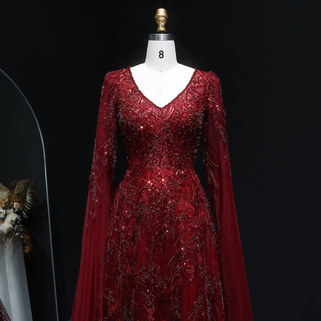 Beaded Wine Red A-Line Gown | V-Neck Cap Sleeve | Sweep Train