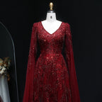 Beaded Wine Red A-Line Gown | V-Neck Cap Sleeve | Sweep Train