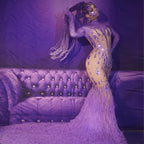 Purple Rhinestone Long Tail Dress - Luxury Crystal Performance Gown for Drag Queens & Performers