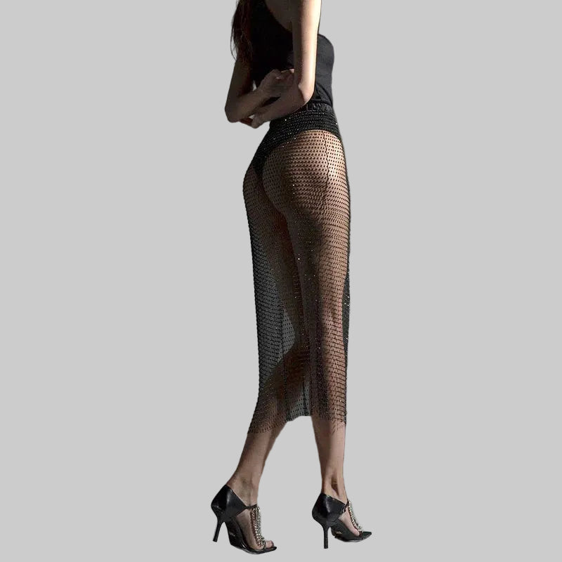Rhinestone Fishnet Mesh Maxi Skirt - Sheer Split Beach Party Skirt