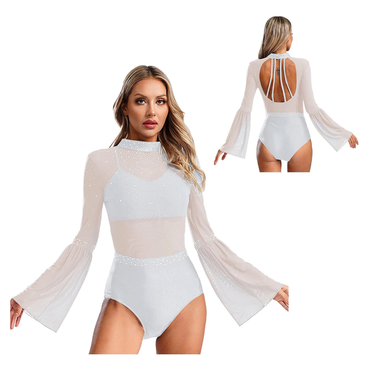 Celeste Rhinestone Flare-Sleeve Bodysuit