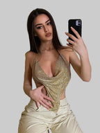 Rhinestone Backless Camisole Crop Top - Deep V-Neck Glitter Tank