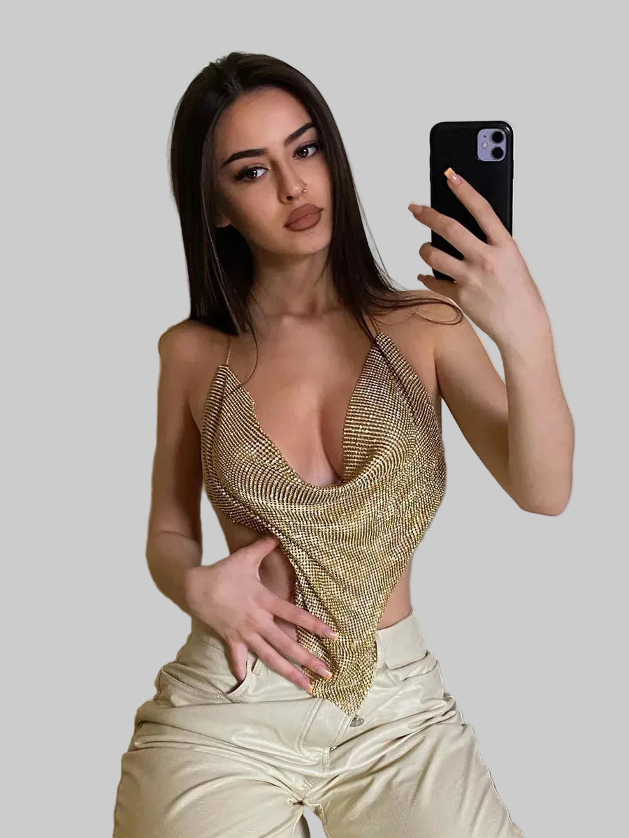 Rhinestone Backless Camisole Crop Top - Deep V-Neck Glitter Tank
