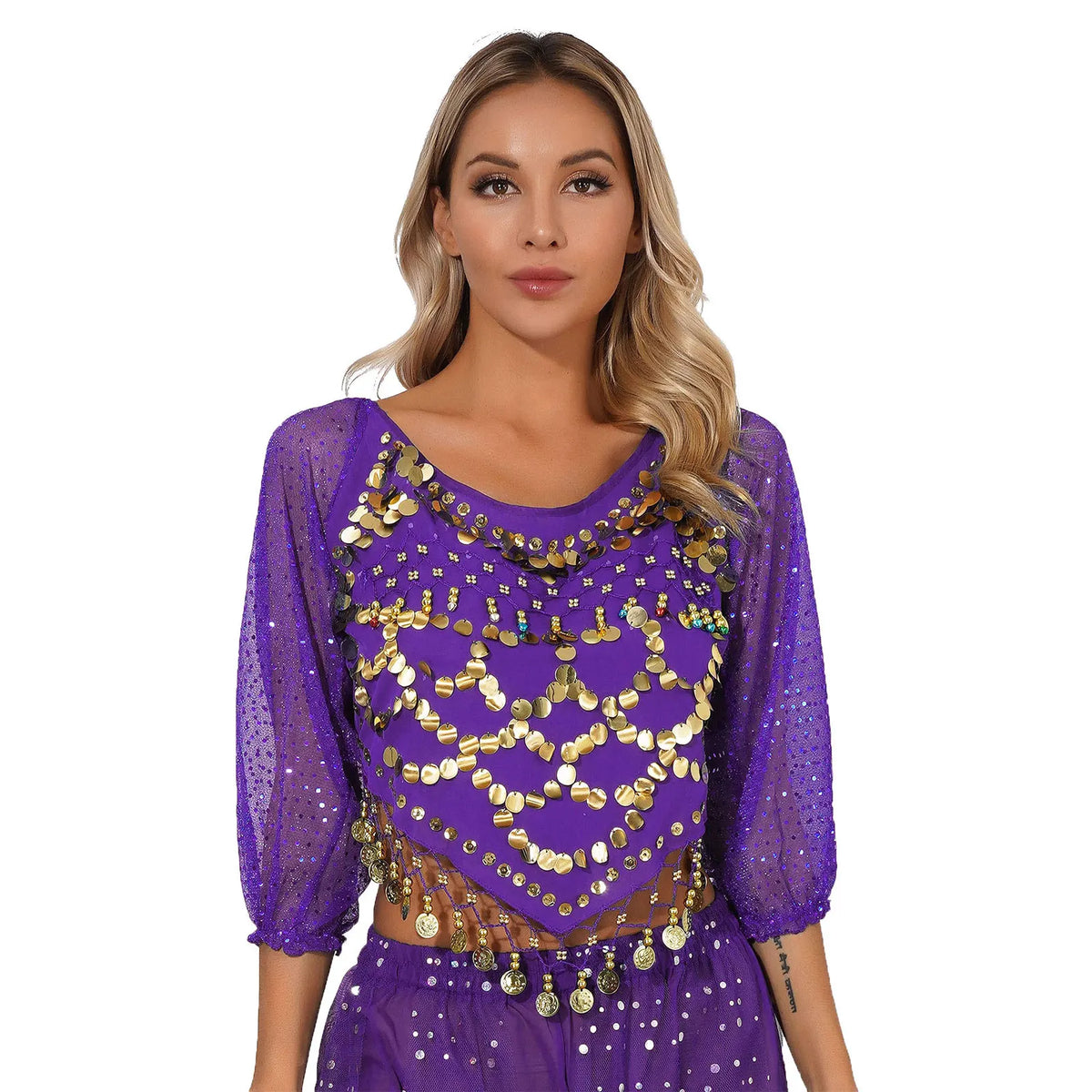 Sequined Belly Dance Crop Top | Coin & Bell Trim | Lace-Up Back