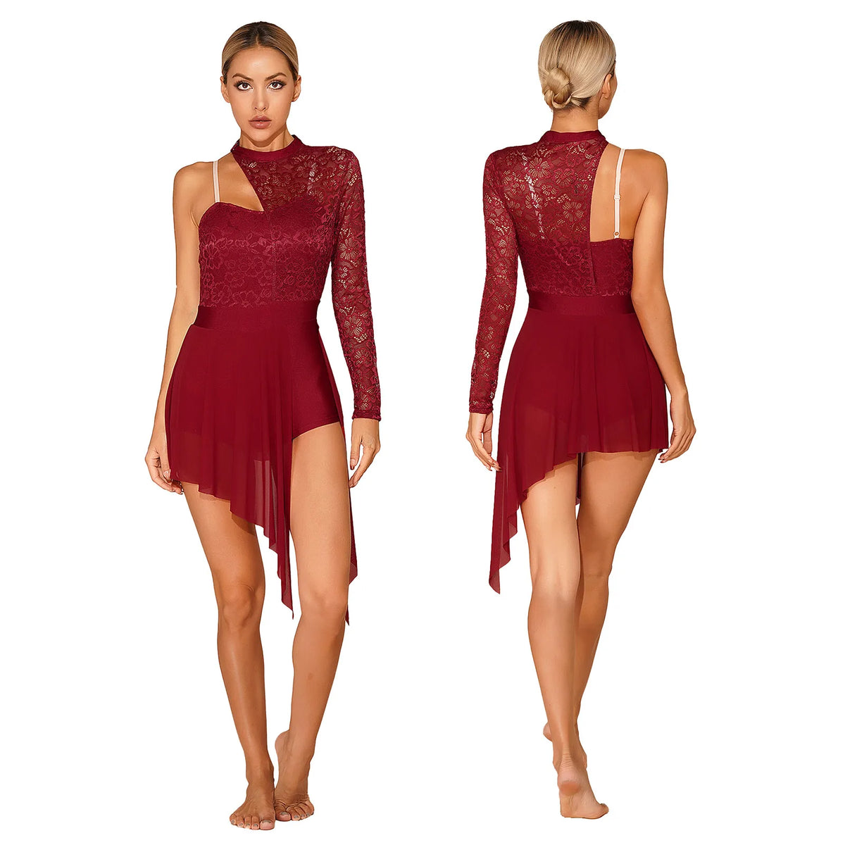 Rhinestone Lyrical Dance Dress | One Shoulder | Mesh Overlay