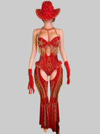 Rhinestone Bodysuit 4-Piece Set - Sparkly Showgirl Outfit with Flare Pants & Crystals