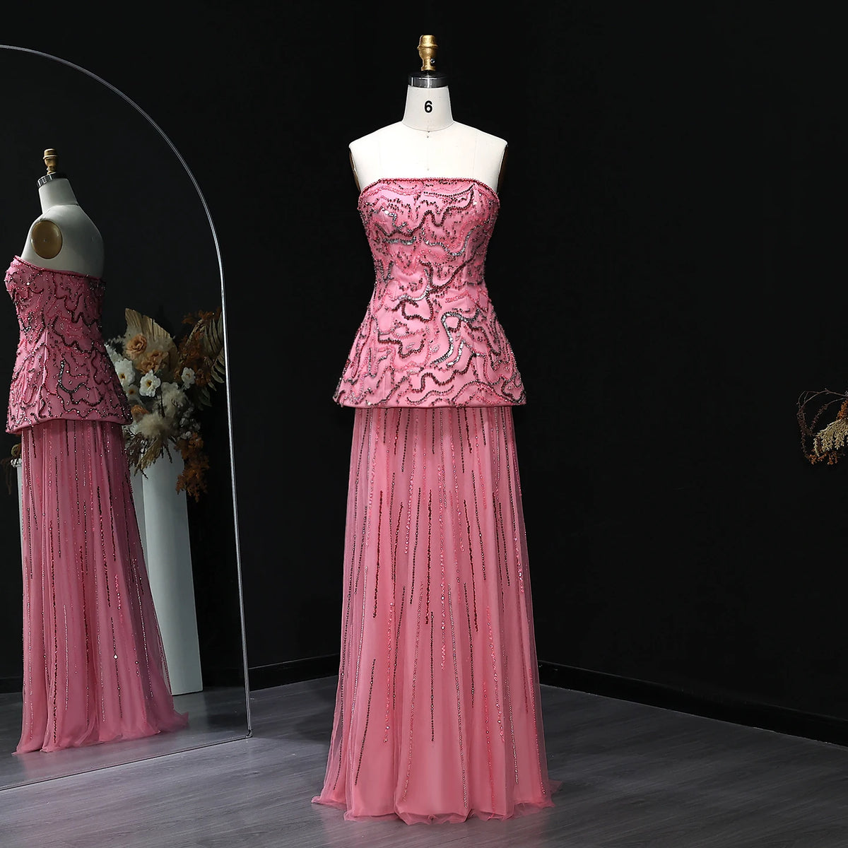 Two-Piece Peplum Gown | Beaded Strapless | Blue & Rose Pink
