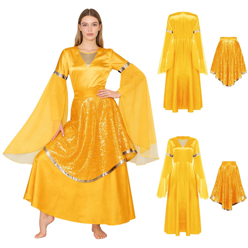 Liturgical Praise Dance Dress & Sequin Skirt Set | Bell Sleeve Overlay | Church Worship