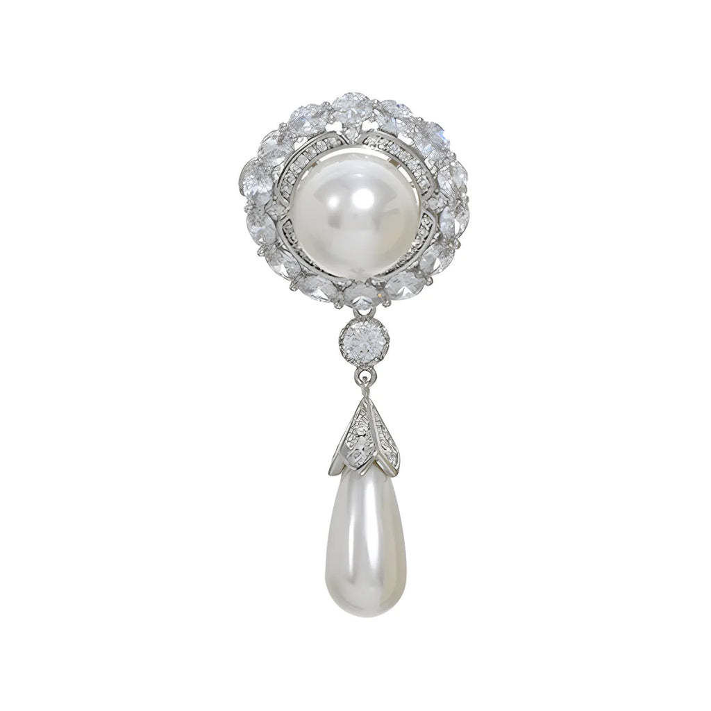 Pearl & Rhinestone Brooch | Silver Filigree Drop