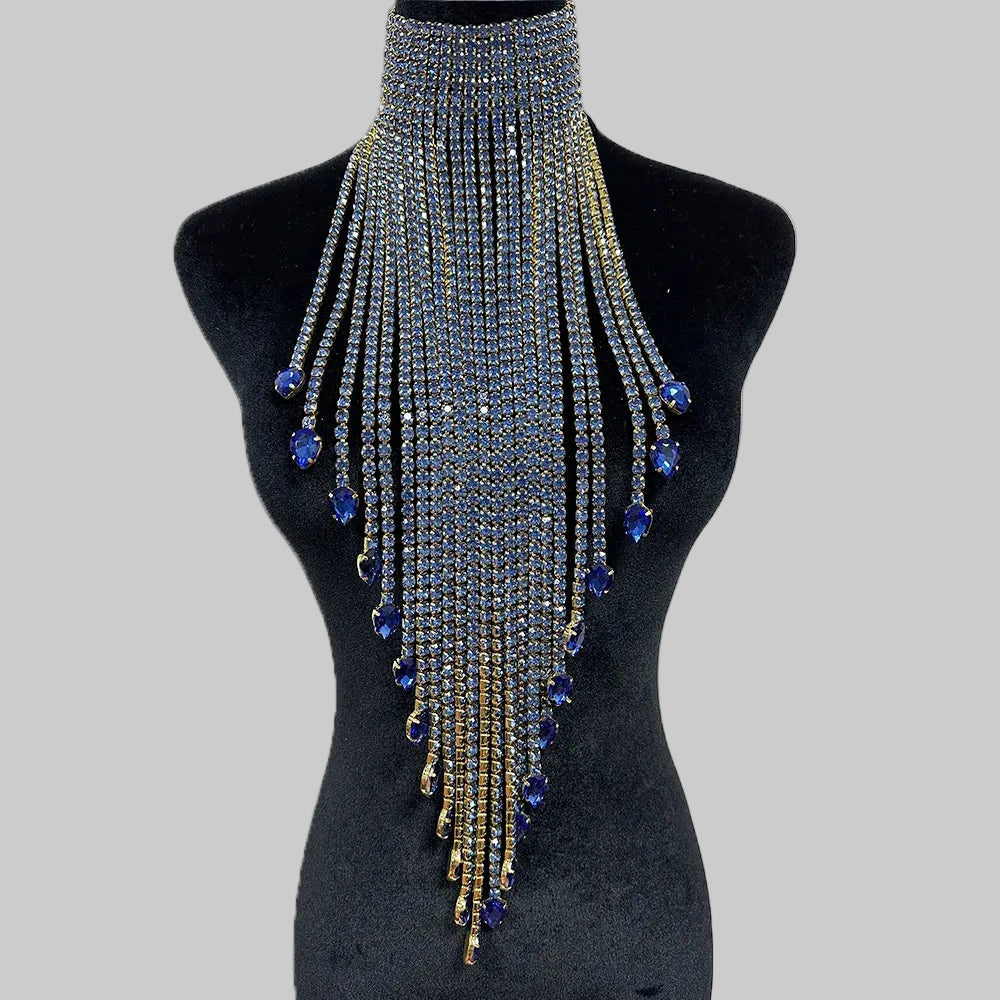 Rhinestone Choker Necklace - Long Tassel Crystal Statement Necklace